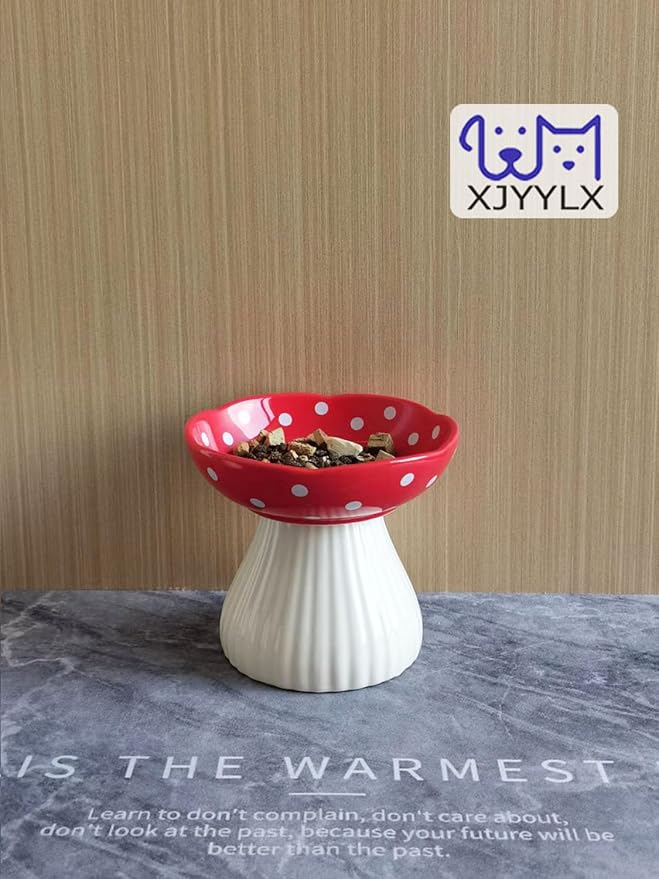 Mushroom Elevated Cat Bowls Ceramic, Raised Cat Bowl for Indoor Cats, Cute Cat Bowls Whisker Fatigue, Raised Dog Bowls Stand for Food and Water, Red 6" Wide for Adult Cats