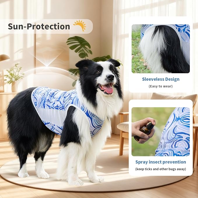 Dog Shirt, Cooling Vest Lightweight Breathable, Dog T-Shirts All-Season Sun Protection Quick Dry Soft Stretchy Reflective Tank Top - Small Medium Large Dogs (Blue Wave, X-Large)