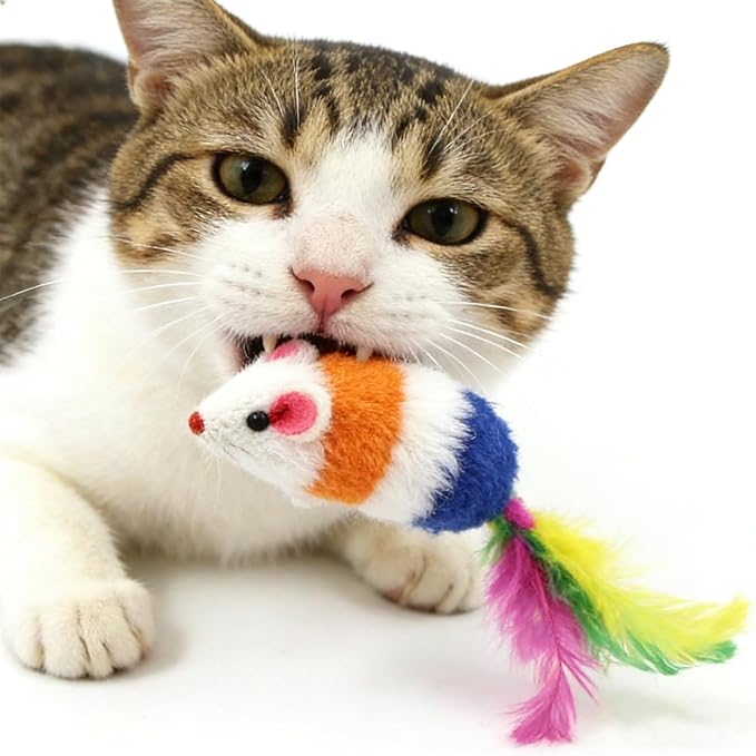 Cat Mouse Toy - 15 Pack Furry Rattle Mouse Toys for Cats with Feather Tail, Realistic Plush Kitten Toys with Catnip & Rustling Sound, Interactive Cat Toys for Indoor Cats
