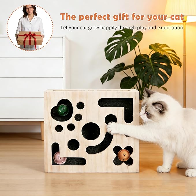 Large Solid Wood Cat Nail File Enrichment Box, Cat Scratch Puzzle Enrichment Box with Flip Lid Lock, Sandpaper Scratcher, 3 Bells & Cat Wand, Alternative to Clippers and Grinders