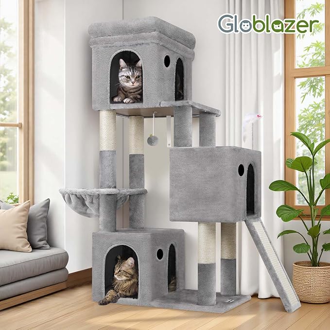 Globlazer 52in Cat Tower for Multiple Indoor Cats, Heavy Duty Multi-Level Cat Tree with 3 Cozy Condos, 4 Natural Sisal Scratching Posts and Cozy Basket Bowl, F52B, Light Grey