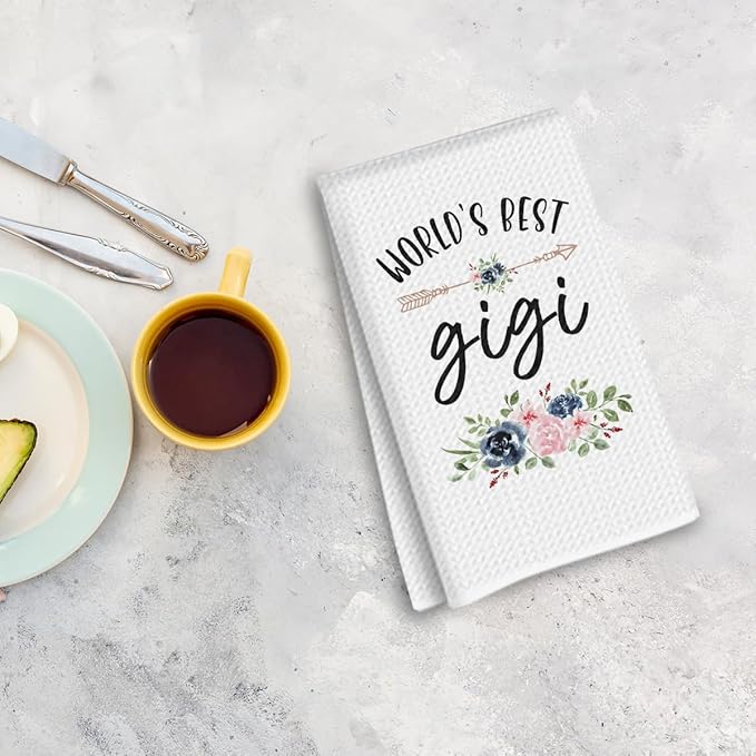 Best Grandma Kitchen Towels 24x14 Inch, World’s Best Gigi Floral Waffle Weave Absorbent Kitchen Tea Towel Dish Towels Hand Towel, Birthday Christmas Thanksgiving Gifts for Gigi Grandma, Microfiber