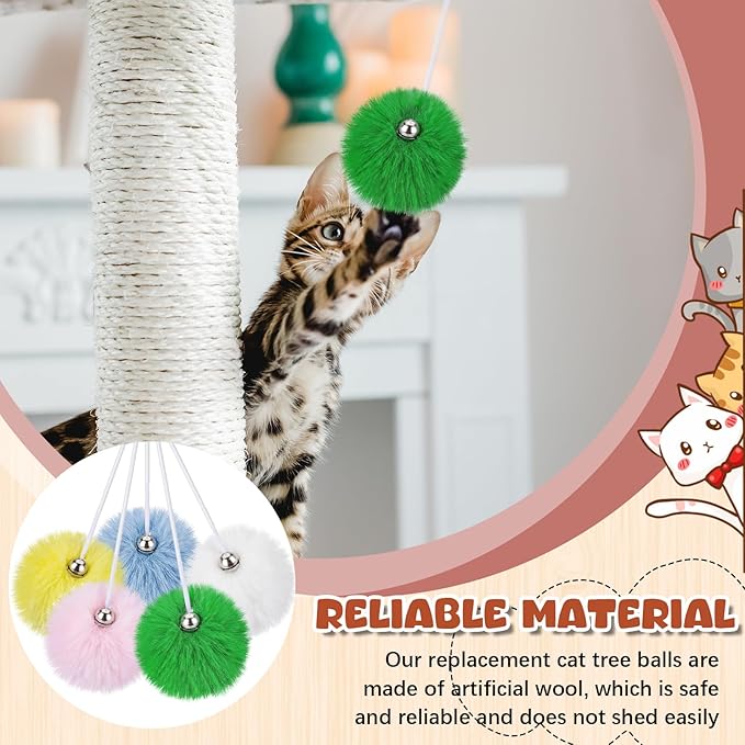 Simgoing 15 Pack Cat Tree Ball Replacement Parts Hanging Interactive Cats Toy with Bell Elastic Rope Pom Pom Kitten Scratching Post Tree Tower Parts Ball Fit Most Cat Towers Indoor Kitten(Multicolor)