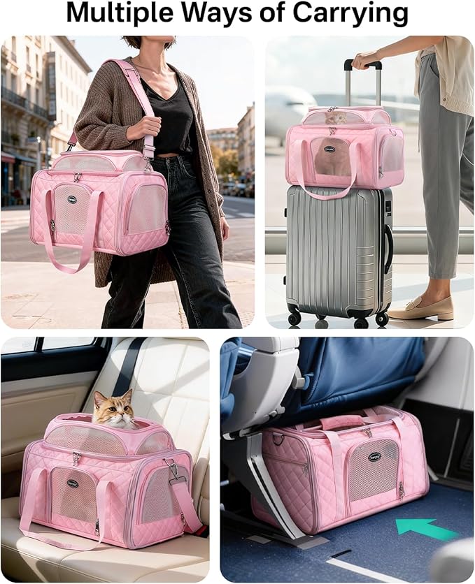 Cat Carrier Airline Approved 17x11x9.5 Inches, Top Expandable Soft Sided Pet Travel Carrier for Cats & Small Dogs, Fits Under Airline Seat with Locking Zippers, Pink