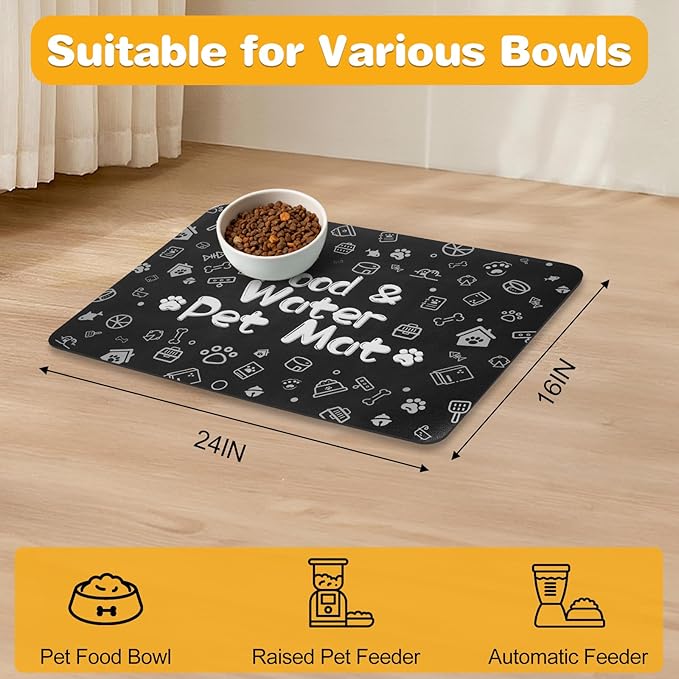 Pet Feeding Mat,Dog Cat Mat for Food and Water,Dog Bowl Waterproof Placemat with Rubber Backing,Absorbent Quick Dry Water Dispenser Mat for Pet(Black 16"×24")