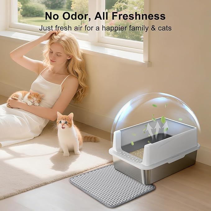 FURTIME Stainless Steel Cat Litter Box, Easy-Clean High-Sided Metal Litter Box, Open-Top Litter Pan for Small Cats, Includes Scoop & Mat, Non-Stick, Anti-Leakage, 17"×13"×8.4"
