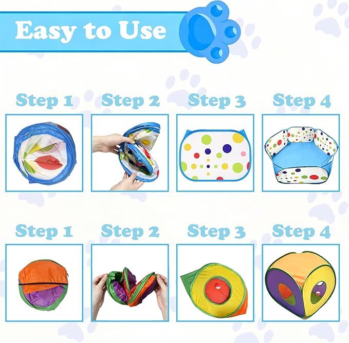 Ball Pit and Tunnel Tent for Cats, with 200 Pom‑pom Balls, 1 Ball Launcher, 8 Bell Balls, 4 Colorful Mice and 1 Saury Fish, Foldable Indoor & Outdoor Cat Activity Center for Interactive Play