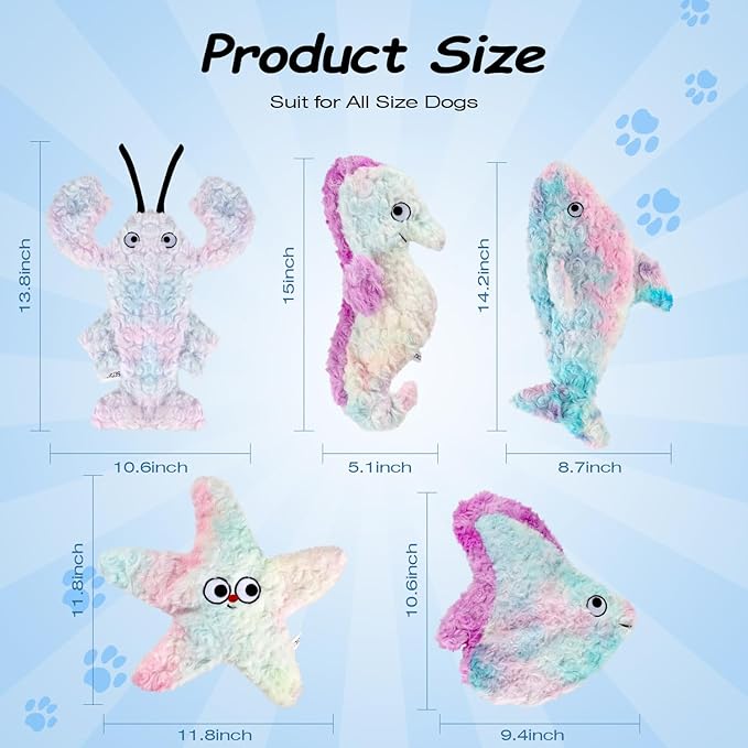 Sedioso Dog Toys Pack, Durable Unstuffed Animal Dog Chew Toy, Large Soft Plush Dogs Toys Set, Dog Squeaky Toy for Small, Middle, Large Breed(5-Pack, Ocean Animals)