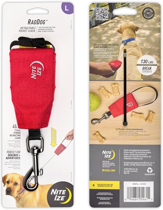 Nite Ize RadDog Retractable Pocket Leash - Durable & Comfortable - Compact Retractable Leash for Dog Walking - Portable & Sturdy for Everyday Use - Red, Large