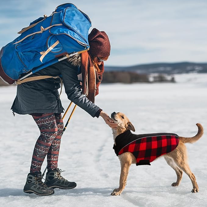 Kuoser Dog Winter Coat, Reversible Waterproof Dog Jacket with Reflective Strip, Warm Dogs Fleece Vest Adjustable Doggy Cold Weather Clothes Plaid Christmas Outfit Pet Apparel for Small Dogs, Red S