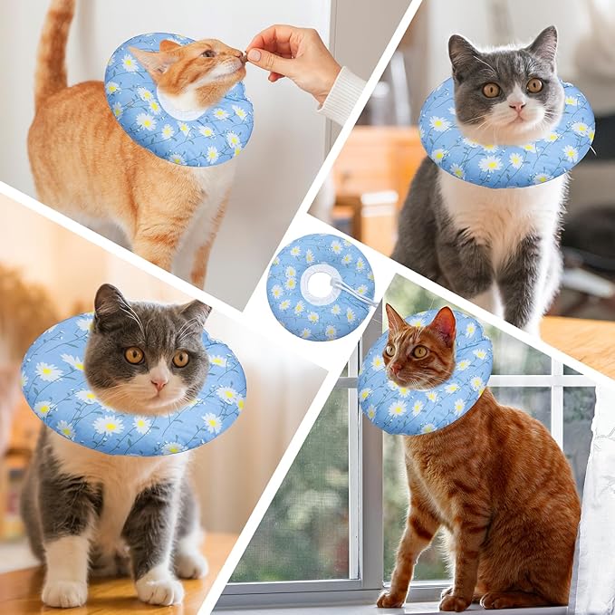 Seyezo Cat Cone Collar Soft, Adjustable Cat Recovery Collars Kitten Cones to Stop Licking, Cute Donut E Collar After Surgery, Anti-Lick Recovery Elizabethan Collar for Kitten(Blue Daisy, Medium)