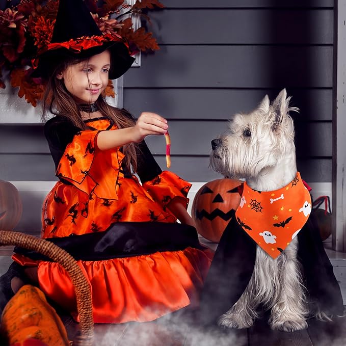 Huhumy 100 Pcs Halloween Dog Bandanas Bulk 3 Sizes Dog Washable Bandana Adjustable Washable Pumpkin Scarf for Halloween Holiday Small Medium Large Pet Supplies