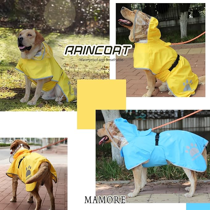 MAMORE Dog Raincoat Hooded Rain Jacket for Small Medium Large Dogs Slicker Poncho Bottom Waterproof Adjustable Reflective Breathable Leash Hole (Pink, Large)