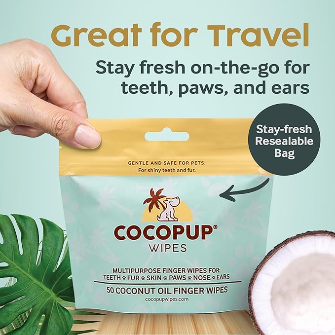 Cocopup Dog Teeth Cleaning Wipes | Pet Dental Finger Wipes | Dogs and Cats Tooth Cleaning Pads Plaque Remover Ear Nose Paws Fur Cleaners | Contains Coconut Oil | 2 Pack of 50