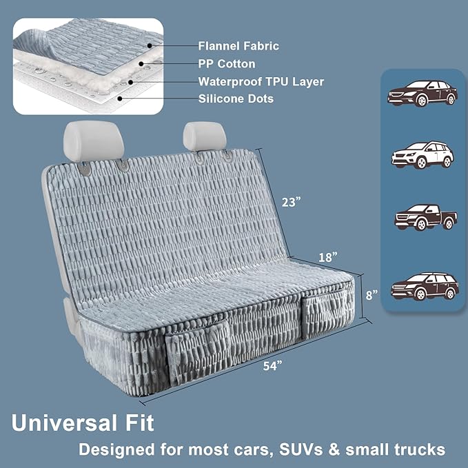 Soft Dog Back Seat Cover, Waterproof Dog Car Seat Protector with Non-Slip Bottom, Fluffy Flannel Full Protection Pet Covers on Rear Benches in Cars SUVs Small Trucks (Grey, Standard Back)