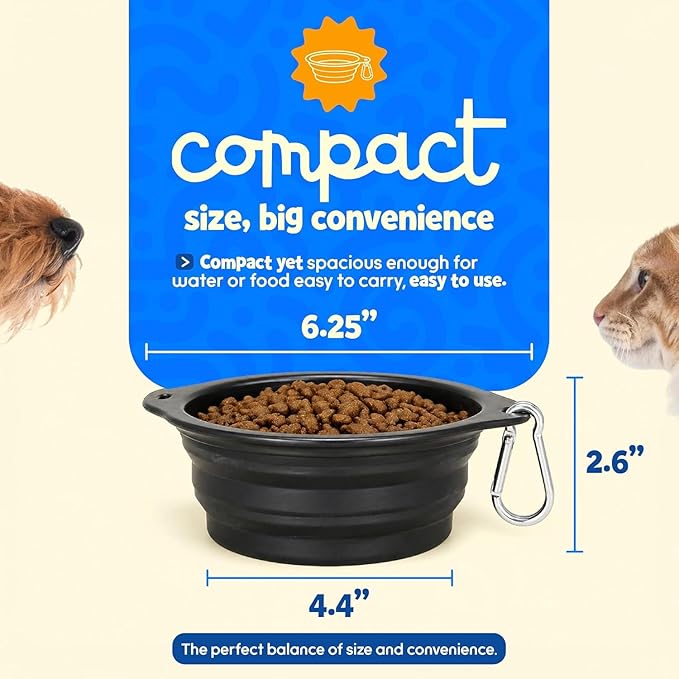BE BEST PETS Collapsible Dog Bowl 28 oz - Foldable Silicone Pet Travel Bowl with Clip - Leak-Resistant Portable Pet Bowl for Food & Water Dish – Lightweight Pet Bowl for Dogs & Cats - Black (Large)