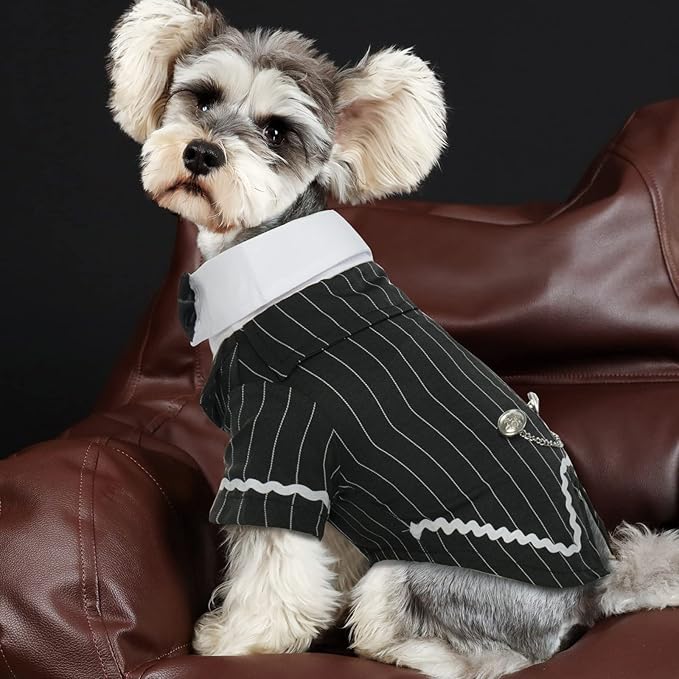 DENTRUN Dog Tuxedo Suit with Bow Tie - Formal Black & White Striped Pet Costume Shirt, Elegant Wedding Outfit Birthday Party Attire for Chihuahua Yorkie Shih Tzu Pomeranian Small Dogs, S