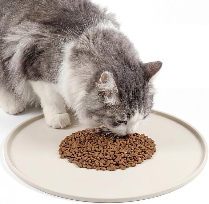 Round Silicone Pet Food Mats for Floor Waterproof, 10in Cat Food Bowl Non Slip Mat Waterproof Non-slip Feeding Bowl Mats with Raised Edges to Prevent Spills, Round Eating Tray for Dog Cat Puppy Kitten