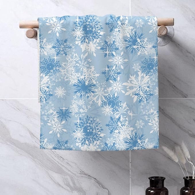 Christmas Kitchen Towels Blue White Snowflake Winter Dish Towels 16×24 Inch Soft Absorbent Xmas Blue Hand Cloths Decorative for Kitchen Drying Set of 2