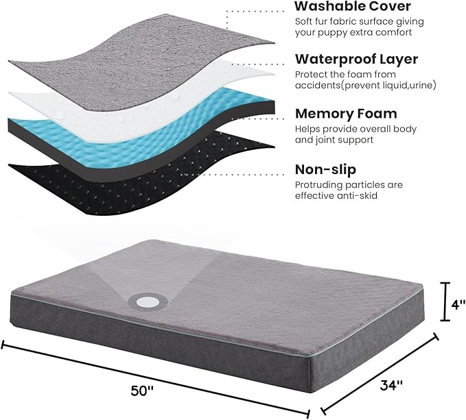 Cooling Dog Beds for Dogs, Orthopedic Memory Foam Dog Bed,Washable Pet Beds for Crate with Faux Fur Cover, Waterproof Lining (Grey, XXX-Large: 50" x 34" x 4")