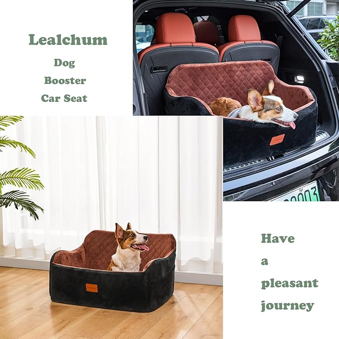 Lealchum Dog Car Seat for Large Size Dog,Soft Fabric Car Dog Bed Filling Memory Foam,2 Clip-On Safety Leashs and 2 Pockets,Removable and Washable Comfy Pet Car Seat(Black/Brown, Large)
