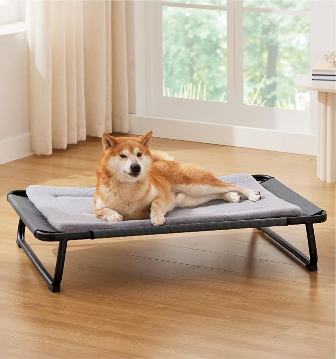 MADE 4 PETS Elevated Cooling Dog Bed for Small Medium Dogs – Raised Pet Cot with Breathable Mesh, No-Slip Feet, Chew-Resistant Frame, Portable Indoor & Outdoor Dog Hammock Bed, 32"x25", Gray