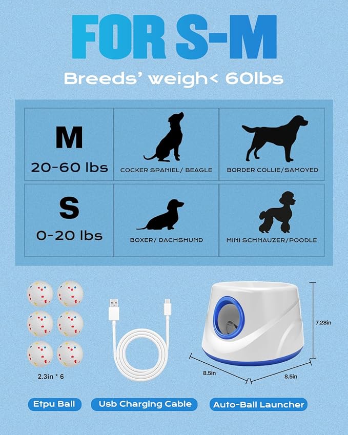 Automatic Dog Ball Thrower Launcher for Small to Medium Dogs, Tennis Machine Ball Thrower for Dogs, Interactive Dog Toys for Boredom, Games to Keep Them Busy, Includes 6 ETPU Balls, 2.3 Inch (BLUE)