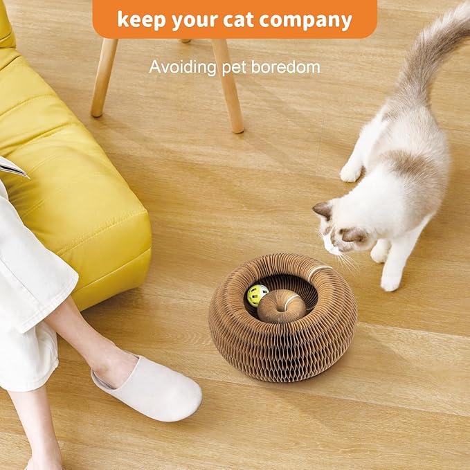 Magnetic & Reversible Cat Cardboard Scratcher, Cat Toys for Indoor Cats, Collapsible Ball Track with Bell, Interactive Cat Toys for Chasing and Scratching, for Both Adult & Kittens Pink