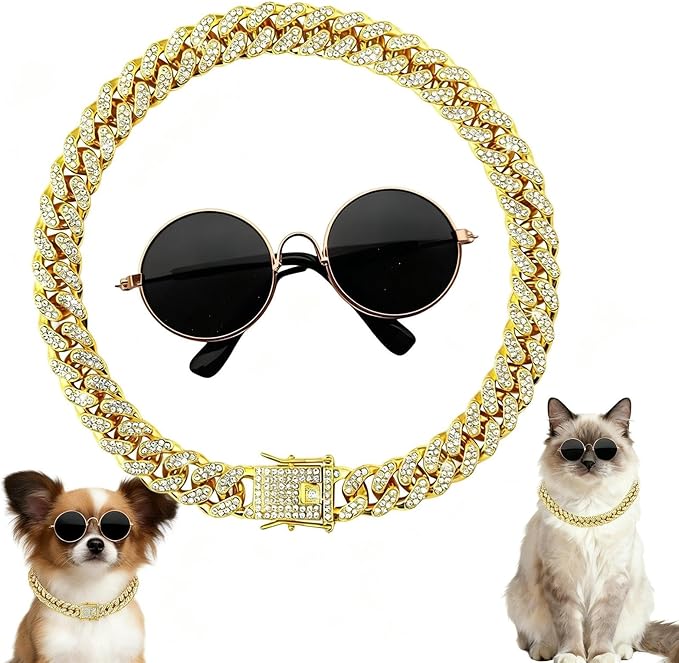 Dog Sunglasses with Rhinestone Chain Necklace, Cool Glasses Dog Collar Necklace for Cats Dogs Dolll, Golden Sunglasses Gold Chain Funny Costumes for Small Pet Holiday Party Costume