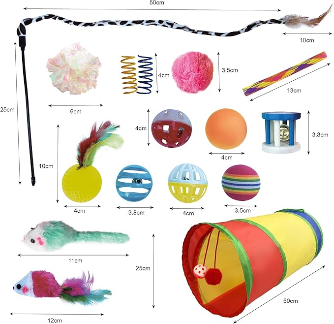 PetLike 25pcs Interactive Cat Toys Set Collapsible Cat Tunnel Interactive Feather Teaser Wand,Spring Toys & Balls for Indoor Cats (Rainbow, 25x55cm)
