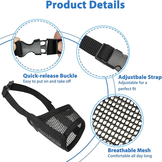 LUCKYPAW Dog Muzzle Suits for Small Medium Large Dogs, Mesh Muzzle Anti Biting Chewing, Breathable Mouth Cover Set with Adjustable Strap for Grooming Vet Visiting Training (Large 4 PCS(M-XXL), Black)