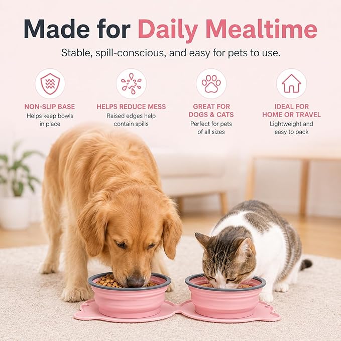 Collapsible Dog Bowls, 2-in-1 Silicone Pet Food and Water Bowl with Carabiner - Portable Double Compartment Travel Dish for Dogs, Ideal for Camping, Hiking, Car Rides, Puppy Essentials(Pink)
