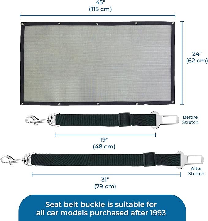 SunGrow Dog Seat Belts with Barrier, 2 Adjustable 28" Nylon Belts, 24" x 45" Micro Mesh Net Divider for Cars, SUVs, and Trucks, 4 Hooks and Luggage Ropes for Assembly, Black, 1 Set per Pack