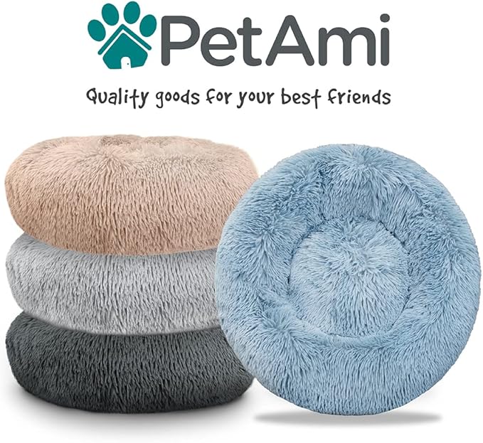 PetAmi Calming Dog Bed for Small & Medium Dogs and Cats, 30 Round Donut Dog Bed, Washable Fluffy Faux Fur Puppy & Cat Bed, Anti-Anxiety Plush Cuddler Pet Bed with Anti-Slip Bottom - Blue