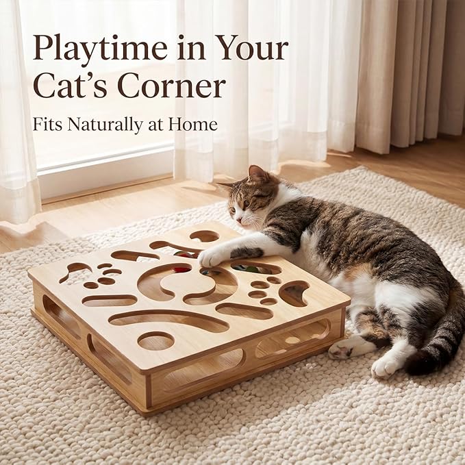 Cat Claw Saver Box (Large), Solid Wood Construction Cat Nail File Scratcher with Sandpaper Inside, Nail File Box Stress Free Alternative to Clippers and Grinders(Bell Ball)
