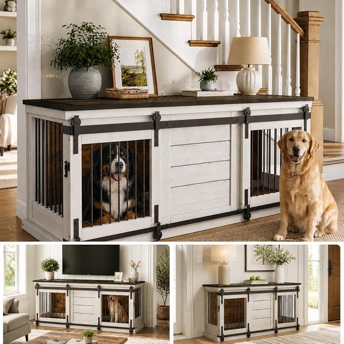 62" Farmhouse Dog Crate Furniture for 2 Large Dogs, Heavy Duty Solid Wood Indoor Dog Kennel with Removable Divider, Sliding Door, Double Dog Crate TV Stand, Vintage Industrial Style