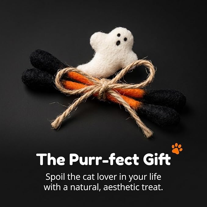 Glaciart One Halloween Cat Toys with Catnip β 7 Pack Felt Swab Cat Toys + Ghost Toy, Interactive Wool Cat Toys for Indoor Cats & Kittens, Handmade Natural Catnip Toys for Chase, Chew & Play