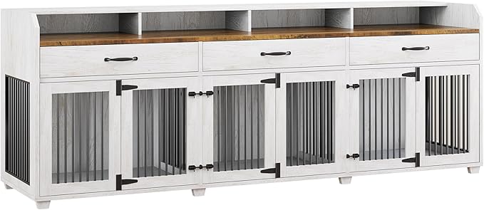 AMERLIFE 95" Large Dog Crate Furniture, Multi-Functional TV Stand with Storage Drawers & Removable Divider for Medium/Large Dogs, White Barnwood