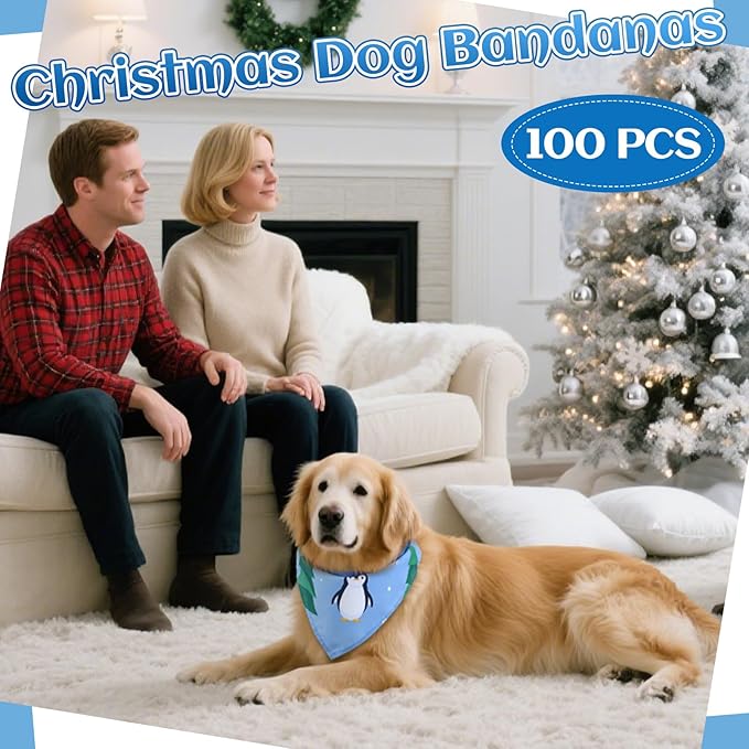 Huhumy 100 Pcs Winter Dog Bandanas Bulk Pet Bibs Blue Triangle Scarf Snowflake Pet Bandanas for Medium Large Dogs Winter Snowflake Christmas Party Holiday Festival Costume Decor