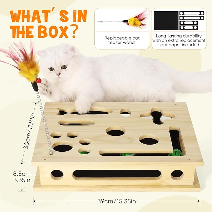 SENNOVI Extra Large Cat Toys for Indoor Cats, Wooden Puzzle Feeder & Scratcher Box, Interactive Enrichment Activity Center with Sandpaper Nail Trimmer, Boredom Buster for Multi Cat Households