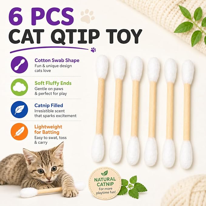 Cat Q Tip Toy with Catnip Cotton Swabs Qtip Cat Toy Pack Catnip Toys for Indoor Cats Giant Qtip Cat Toy Chew Sticks, Durable Felt Interactive