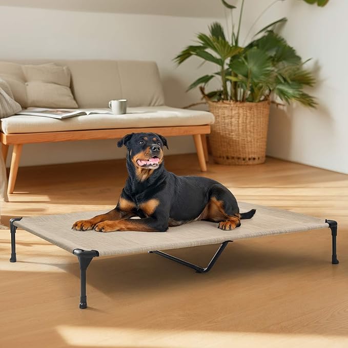 Veehoo Outdoor Elevated Dog Bed Large Sized Dogs, Extra Large Cooling Raised Dog Cots Beds Training Platform Off Ground Hammock with Breathable Mesh, No-Slip Feet, 53"x37", Beige Coffee