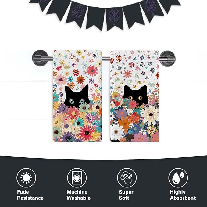 Black Cat Floral Kitchen Dish Towels Set of 2, Spring Summer Colorful Flower Drying Hand Towel Baking Cooking Cloth, Wildflower Bathroom Home Decoration Pet Cat Owner Lover Gifts 18'' x 26''