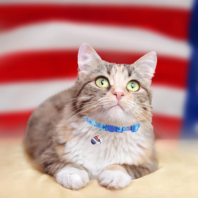 PUPTECK Cat Collar Breakaway with Bells, Kitten Collar Outfit Adjustable for Girl Boy Small Pet Puppy Bunny, Cute Costume Accessory with Safety Release Buckle (Blue-Independence)