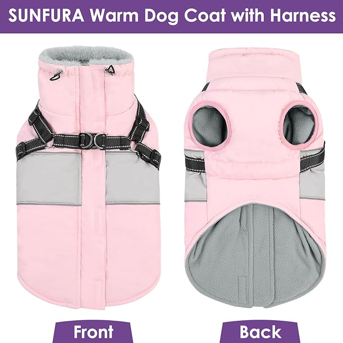 Dog Coat for Large Dogs, Warm Pet Jacket Winter with Harness Built in, Waterproof Pet Snow Jacket with Furry Collar, Reflective Fleece Snowsuit for Extra Large Dogs, Pink XL