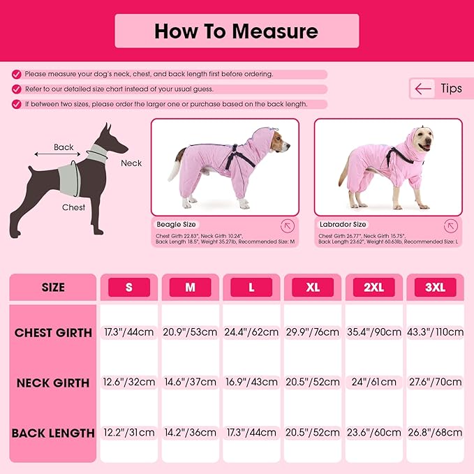 Lelepet Raincoat for Dogs, Rain Jacket Dog with Harness, Waterproof Reflective Coat with Adjustable Detachable Hood, Elastic Waist Zipper Hook and Loop Pet Raincoats, Pink, M
