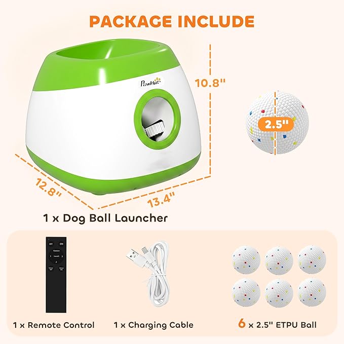 PawHut Automatic Dog Ball Launcher, Rechargeable Dog Ball Thrower with Remote Control, 3 Adjustable Distance (39ft/59ft/78ft), 6 ETPU Tennis Fetch Toys 2.5", for Medium Large Breeds, Green