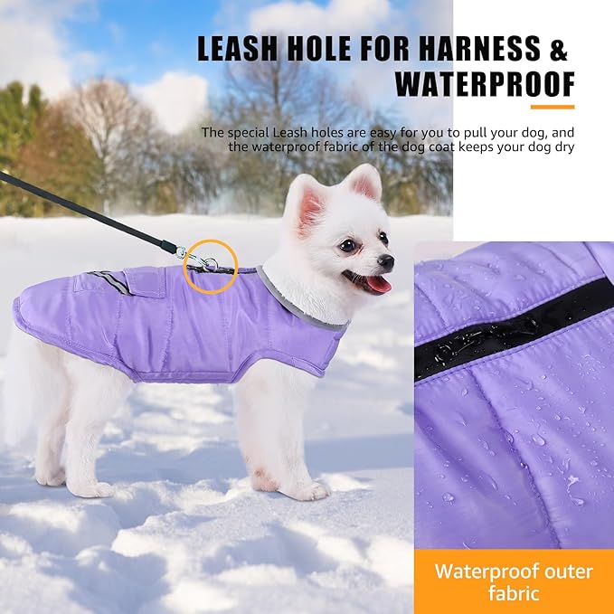 Dog Winter Coat for Medium Dogs, Easy on Dog Fleece Snow Coat Velcro Waterproof Pet Puffer Jacket with Harness Hole Adjustable Reflective Quilted Pet Cold Weather Vest Wind-poof for Girl Female