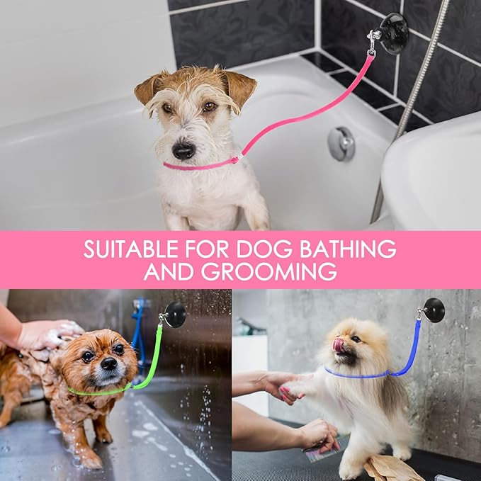 Frienda 4 Pcs Dog Bathing Tether with Suction Cup Cat Restraint for Bathing Dog Grooming Tub Restraint Loops Adjustable Cat Fixed Safety Rope for Pet Shower Grooming Helper(Blue Pink Bright Green)