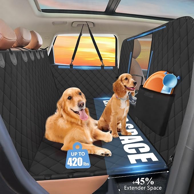 Back Seat Extender for Dogs-Large Space, Hard Bottom High Barrier Dog Car Seat Cover for Back Seat Hold 420lb, Backseat Protector Pet Bed, Waterproof Dog Hammock for Car SUV and Trucks